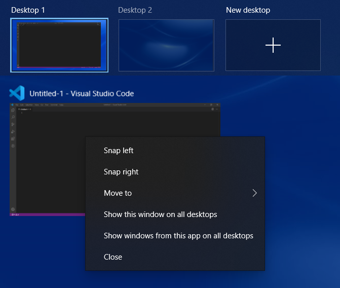 a screenshot of Windows' virtual desktop manager with two desktops and a single Visual Studio Code window open on desktop 1. A context menu has been opened from the Visual Studio Code window with the options: Snap left, Snap right, Move to, Show this window on all desktops, Show windows from this app on all desktops, and close