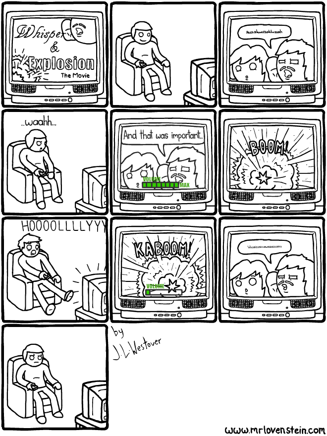 Panel 1: A TV set shows the title screen for "Whisper & Explosion: The Movie". Panel 2: A man sits in his chair smiling at the TV. Panel 3: a scene from the movie shows two characters whispering to each other unintelligbly. Panel 4: the man in the chair says "…waahh…" while increasing the volume on the TV. Panel 5: the TV shows the volume at max with the whispering character finishing his sentence with "And that was important". Panel 6: the TV shows a large loud explosion. Panel 7: the man in the chair yells "HOOOOLLLLYYY" while decreasing the TV volume. Panel 8: the TV shows the end of the explosion with the volume set to minimum. Panel 9: the TV shows two characters whispering to each other unintelligibly again. Panel 10: the man in the chair gives an irritated expression at the TV.